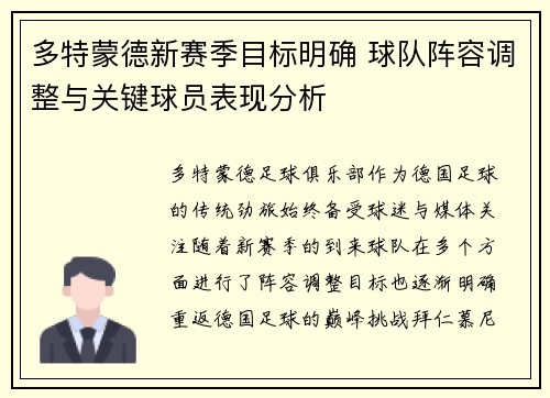 多特蒙德新赛季目标明确 球队阵容调整与关键球员表现分析