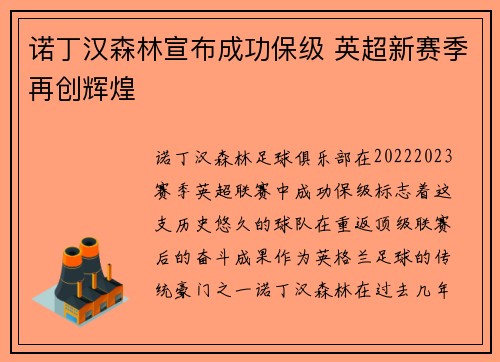 诺丁汉森林宣布成功保级 英超新赛季再创辉煌